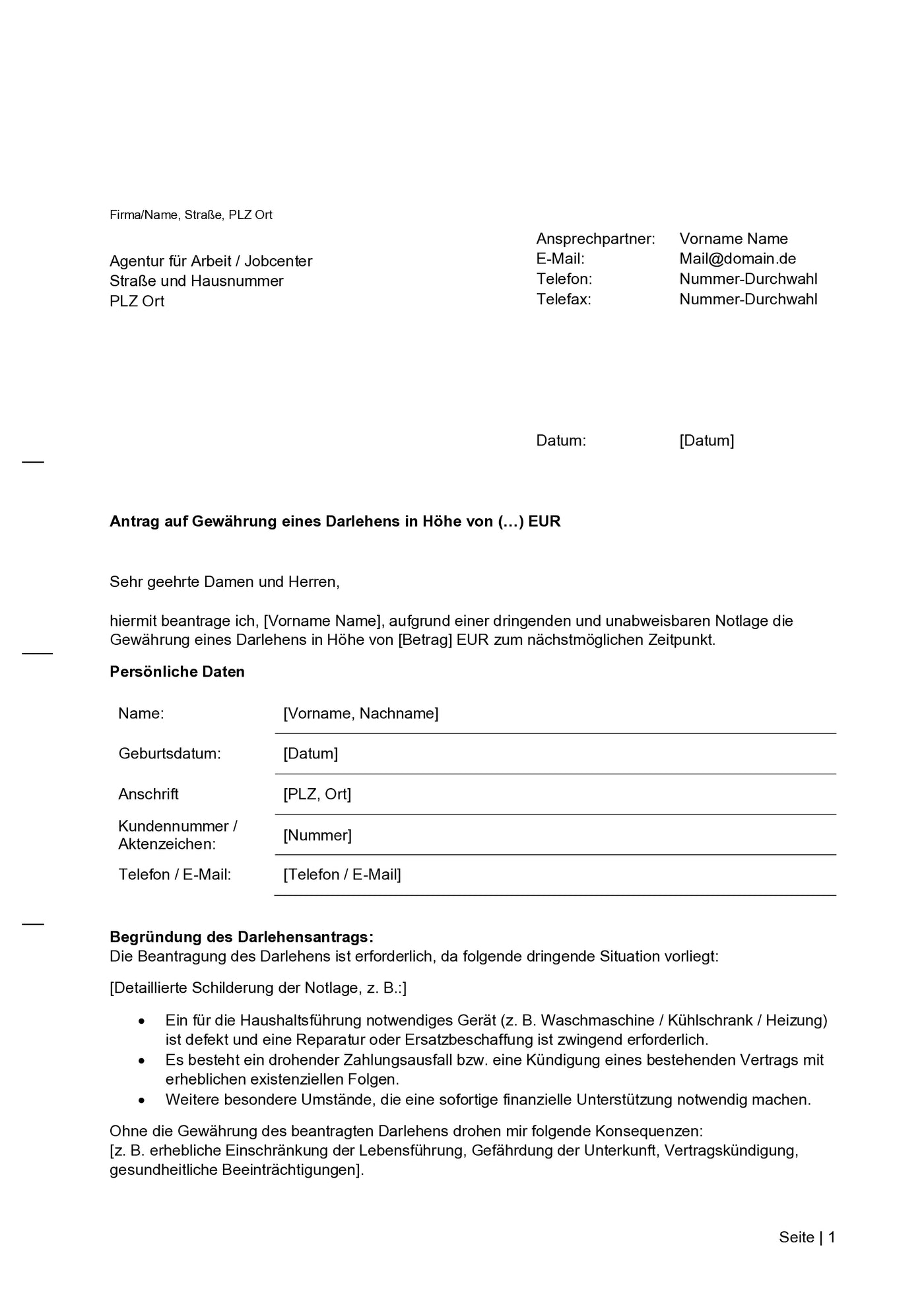 Antrag auf Gewährung eines Darlehens